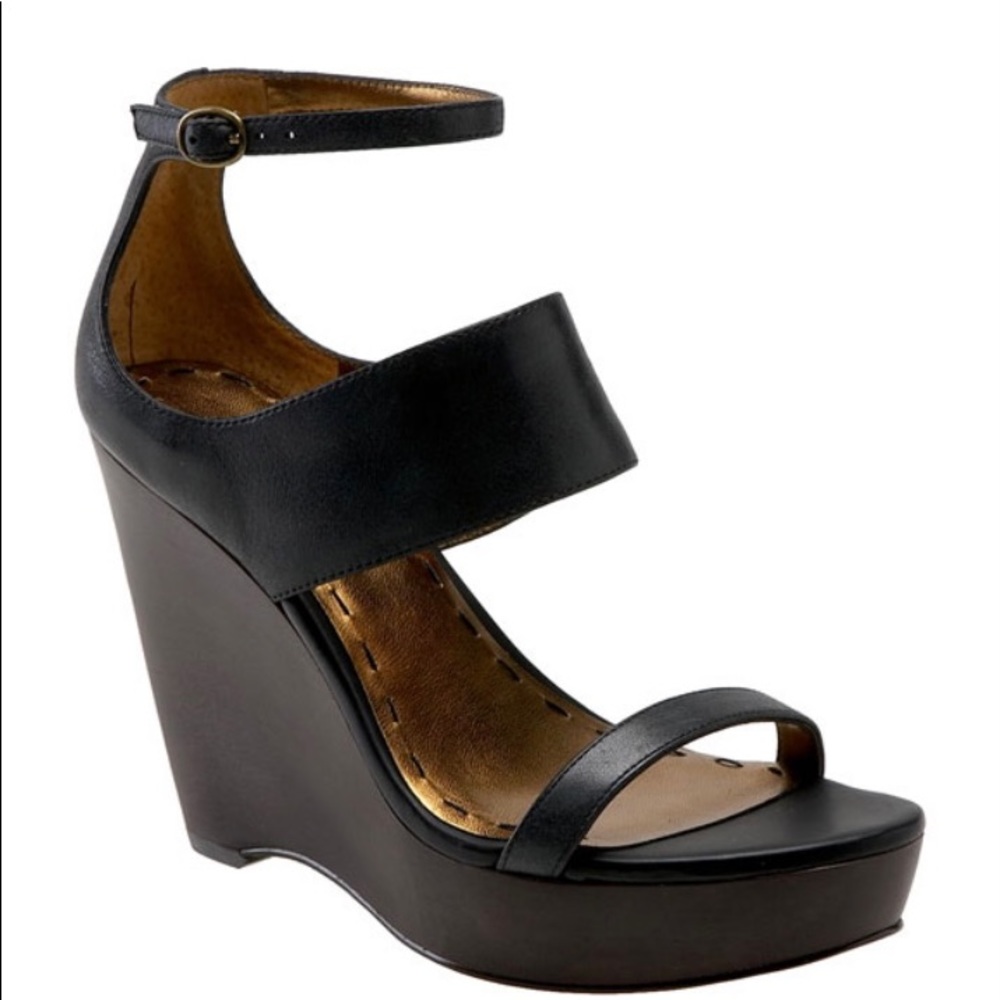 Nine West, black leather platform wedge sandal